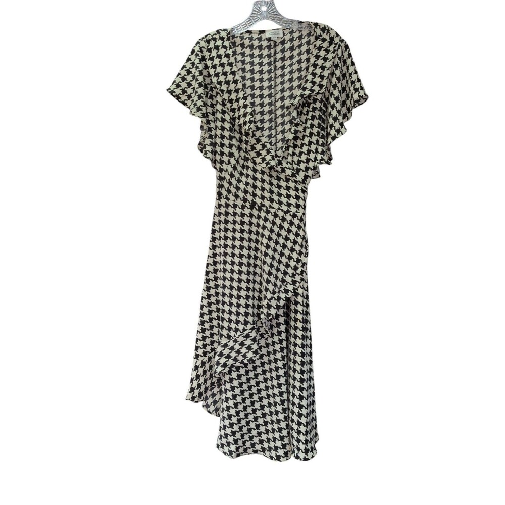 Unique Vintage XL 14 Houndstooth Wrap Midi Dress Flutter Sleeve Black Ivory